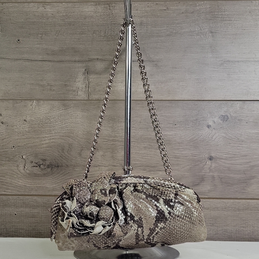 Isabella Fiore Metallic Snakeskin Pattern Clutch with Chain Strap